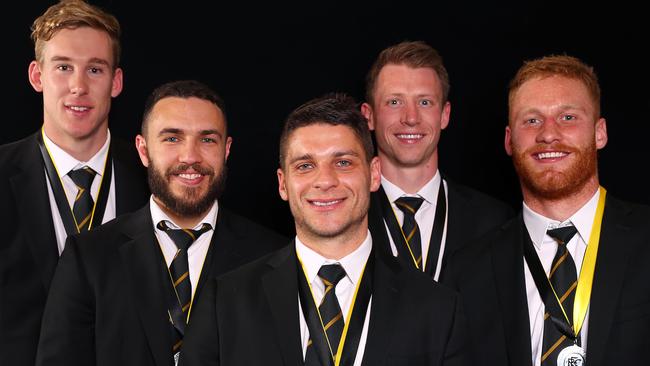 The top five in Richmond’s best-and-fairest (from left) Tom Lynch, Shane Edwards, Dion Prestia, Dylan Grimes and Nick Vlastuin.