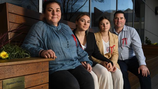 The family of Sophia Naismith – mother Pia with her sisters Saskia and Ursula and father Luke Naismith, at Brighton Secondary School on the bench built in honour of Sophia. Picture: Tricia Watkinson