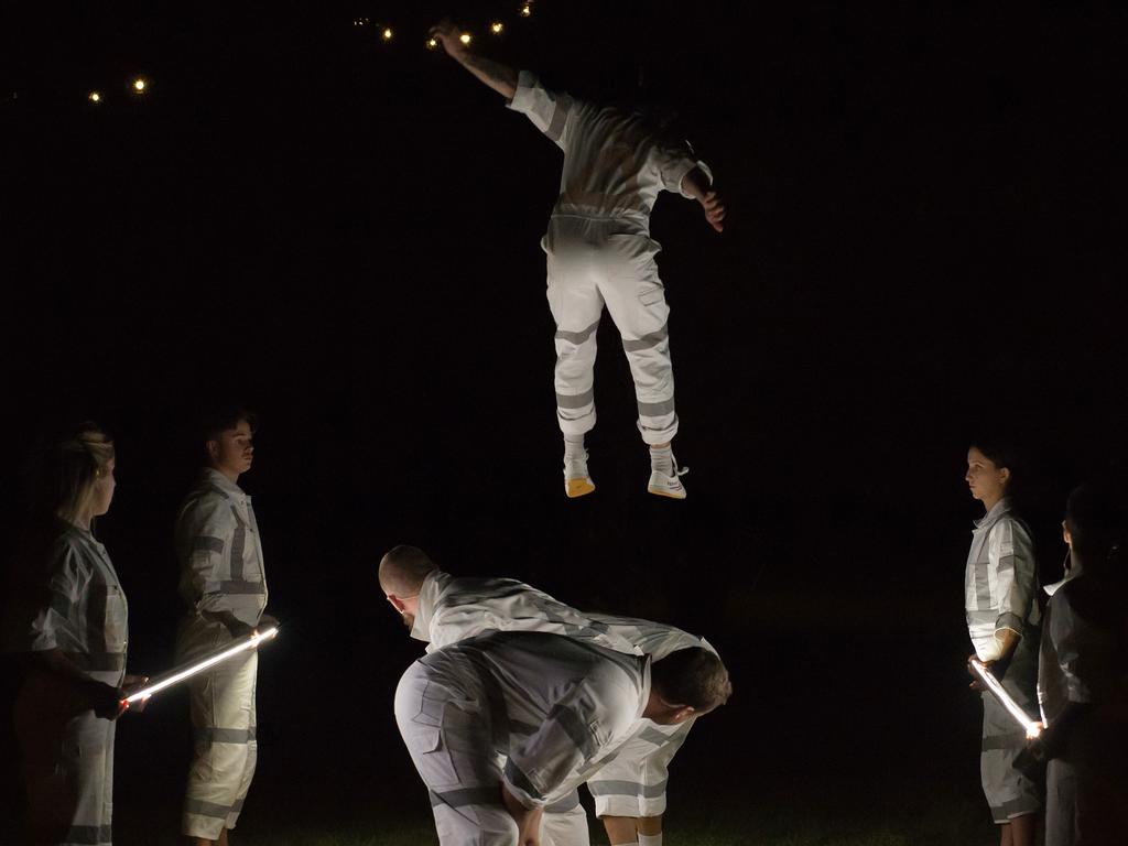 Adelaide circus company Gravity &amp; Other Myths performing 'Process' in the Botanic Park at WOMADelaide 2022. Picture: Rob Sferco