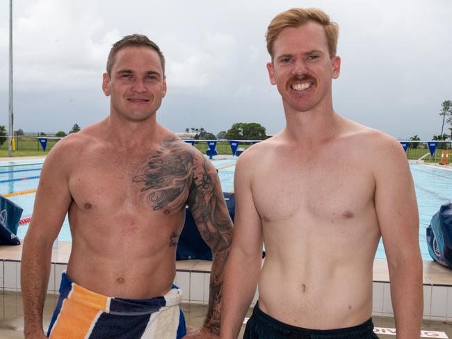 Chris Barnes and Ben Hungford at the Mackay Aquatic & Recreation Complex for the Fire and Rescue Service, Movember event consisting of a 60km pool swim.Picture: Michaela Harlow