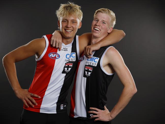 NCA. MELBOURNE, AUSTRALIA. 20th November 2024.  AFL Draft  at Marvel stadium .   Alix Tauru and Tobie Travaglia after being drafted to St Kilda.  Picture: Michael Klein