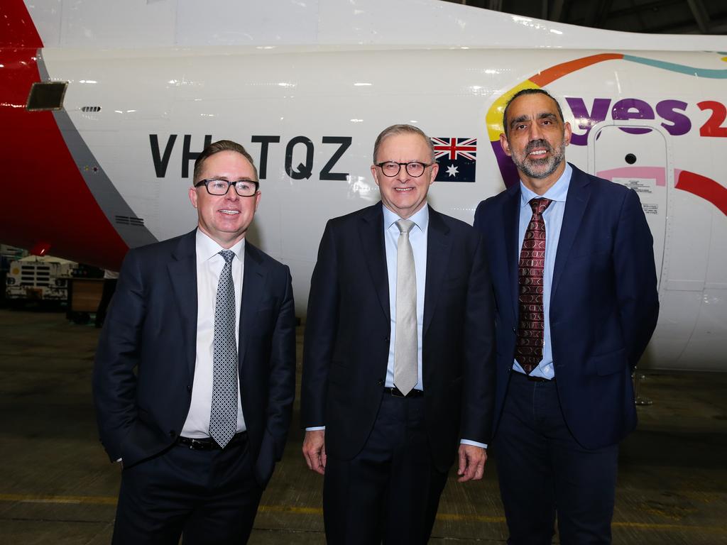 Alan Joyce, Anthony Albanese and Adam Goodes at the Qantas ‘Yes’ launch. Picture: Gaye Gerard/NCA Newswire