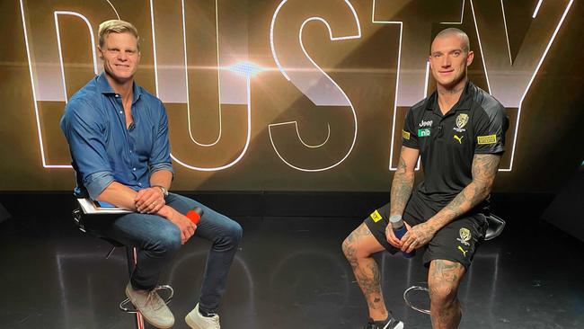 Nick Riewoldt (left) interviewing Dustin Martin. Picture: Supplied