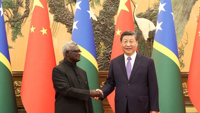 President Xi welcomed Sogavare to Beijing in July. The Solomon Islands leader snubbed Biden’s invitation to the White House. Picture: Reuters