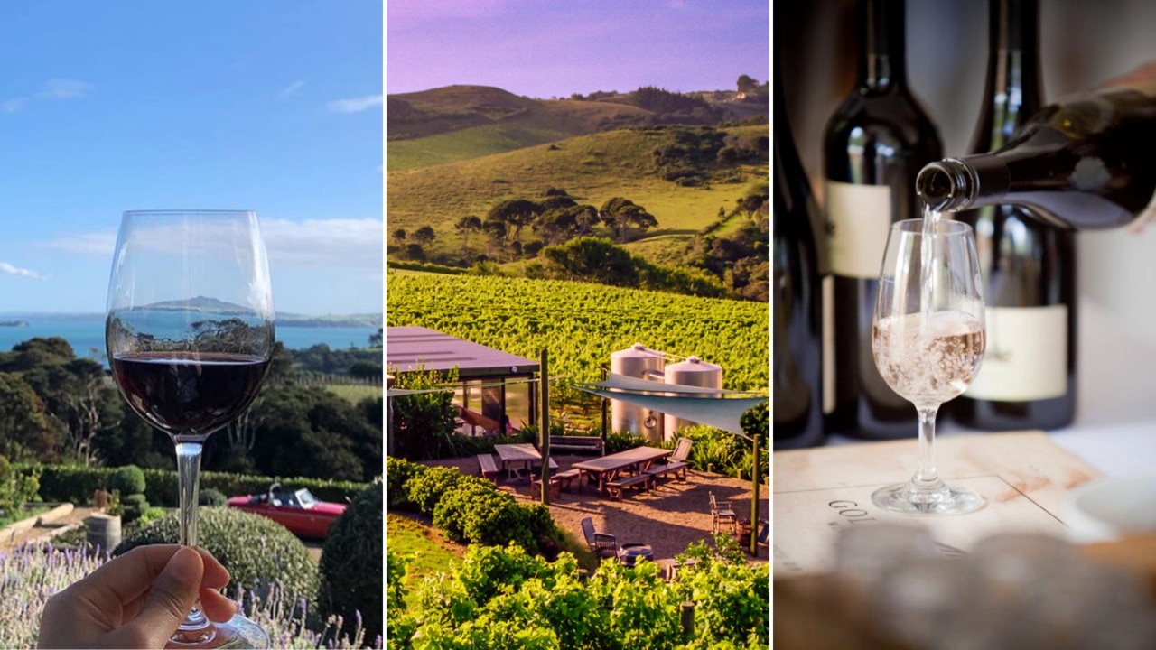 This daylong winery tour will take you to three stunning wineries. Images: Mudbrick Vineyard, Te Motu, Goldies Estate.