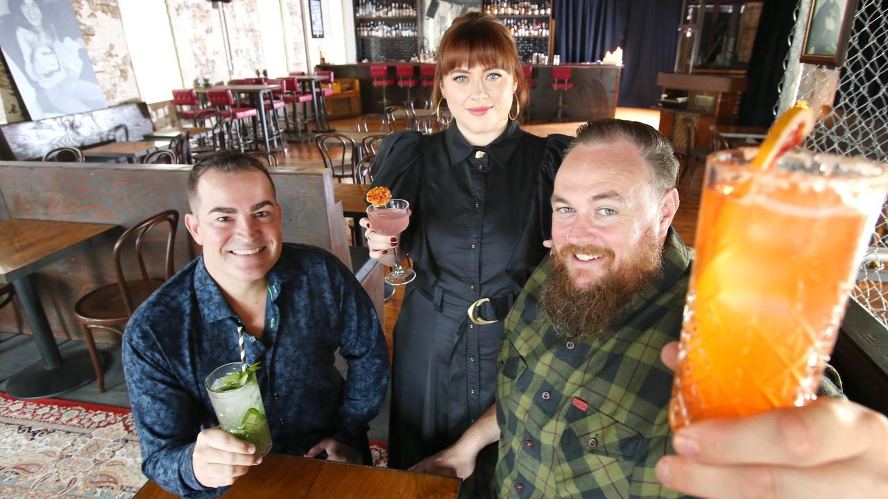 Shane Chidgzey, Cat Clarke, Luke ‘Boo’ Johnston at their new bar Stranded in Fortitude Valley. Picture: Steve Pohlner