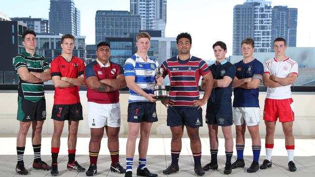 GPS rugby season launch with the captains of eight schools at South Brisbane. BBC Jacob Blyton, GT Lewis Jorgensen, BSHS Linston Tafa-Tuimavave, NC Mitch Lowrie (with trophy), TSS Zane Nonggorr, BGS Ben Hains, ACGS Aidan King, IGS Jack Webber. Picture: Liam Kidston.