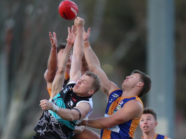 Bendigo FNL, Round 7, Maryborough V Golden Square, at Princes Park, Maryborough, Kirk Looby, 9, Coby Perry,. 4, (C),   Maryborough Magpies   & Brodie James, 28, Liam Thomas, 21,   Golden Square Bulldogs,   Picture Yuri Kouzmin