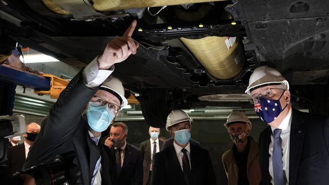 Morrison, with Energy Minister Angus Taylor at the Toyota Hydrogen Centre in Altona to announce the Future Fuels Strategy. Picture: Adam Taylor