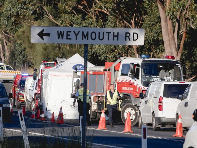 FEES APPLY Police at the scene this morning. Three dead in single-vehicle crash near Ulladulla, Saturday, 03 April 2021 07:53:38 AM, Three people, including a young child, have died in a single-vehicle crash on the South Coast this morning., About 4.30am (Saturday 3 April 2021), emergency services were called to the Princes Highway, Lake Tabourie, about 13km south of Ulladulla, following reports a Honda Accord travelling north left the road and hit a tree., The female driver, and two passengers – a man and a young child – died at the scene. They are yet to be formally identified., A fourth occupant, a male passenger, was airlifted to hospital. His condition is not yet known., Officers from South Coast Police District established a crime scene which is continuing to be examined and an investigation into the circumstances surrounding the crash is underway., Road closures are in place. For the latest traffic information, visit www.livetraffic.com., A report will be prepared for the information of the Coroner.Picture  Loren Toncini