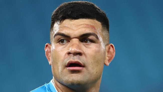 GOLD COAST, AUSTRALIA - MARCH 30: David Fifita of the Titans looks on during the round four NRL match between Gold Coast Titans and Dolphins at Cbus Super Stadium, on March 30, 2024, in Gold Coast, Australia. (Photo by Chris Hyde/Getty Images)