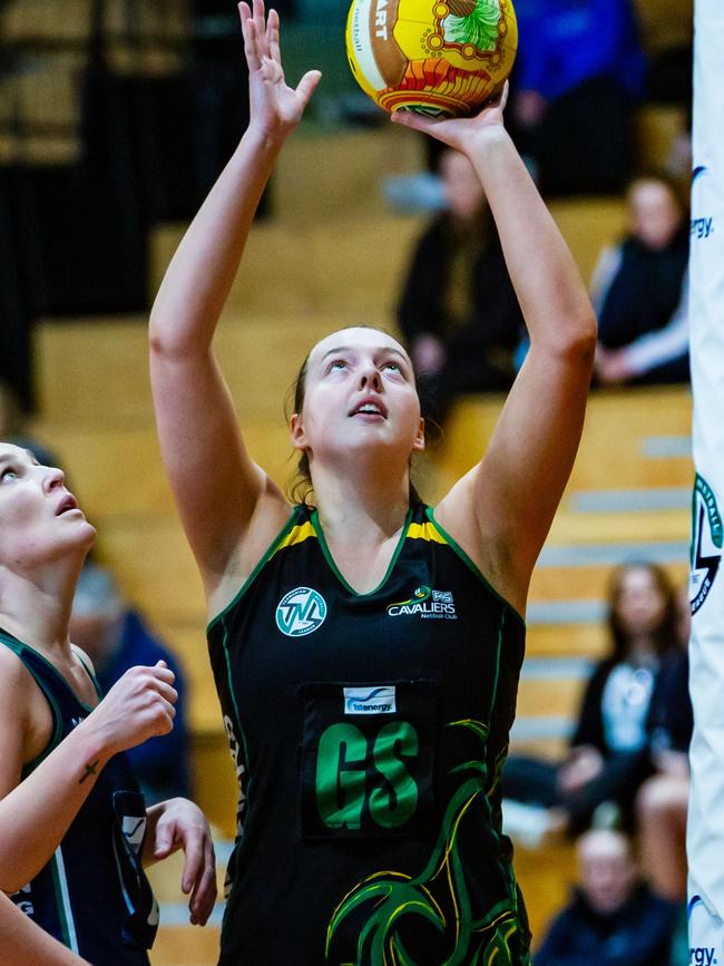 Cavaliers goal shooter Hayley McDougall has a chance to shoot for 500 goals for the season in the Tasmanian Netball League. Picture: Linda Higginson