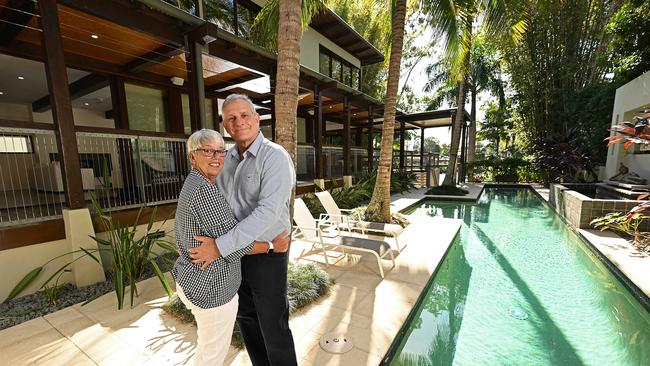 Jane and Kim Pradella at the riverside home they are selling in Chelmer, Brisbane. Picture: Lyndon Mechielsen