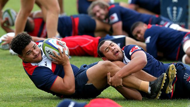 Sione Tuipulotu and Jonah Placid. Melbourne Rebels training. Day one of pre-season training for Melbourne Rebels. Training at Gosch's Paddock. Picture: Tim Carrafa