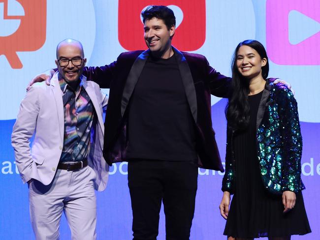 14/9/22: Canva co-founders Melanie Perkins, Cliff Obrecht and Cameron Adams speaking on-stage at Canva's Create event, announcing the next generation of their company. John Feder/The Australian.