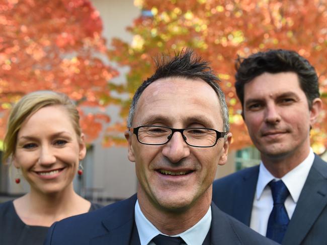 Scott Ludlam (right) with Greens Leader Richard Di Natale (centre) and Larissa Waters (left). Picture: AAP