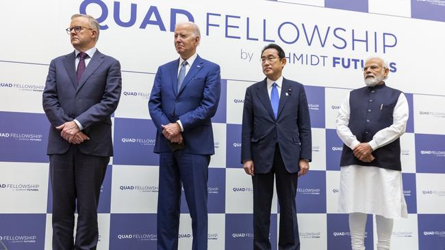 Anthony Albanese, Joe Biden, Japanese Prime Minister Fumio Kishida and Indian Prime Minister Narendra Modi in Tokyo on Tuesday. Picture: Getty Images