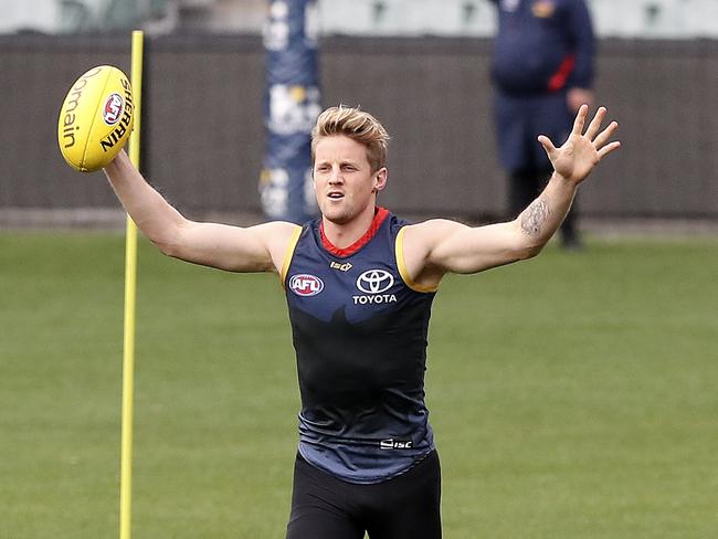 Adelaide Crows training at Adelaide Oval. I'm Here - Rory Sloane alerts everyone on his presence. running well from a hamstring injury.  Picture SARAH REED