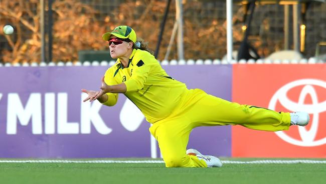 Hannah Darlington of Australia catches out Sneh Rana of India during game three of the Women's One Day International series between Australia and India at Great Barrier Reef Arena on September 26, 2021 in Mackay, Australia. Picture: Albert Perez