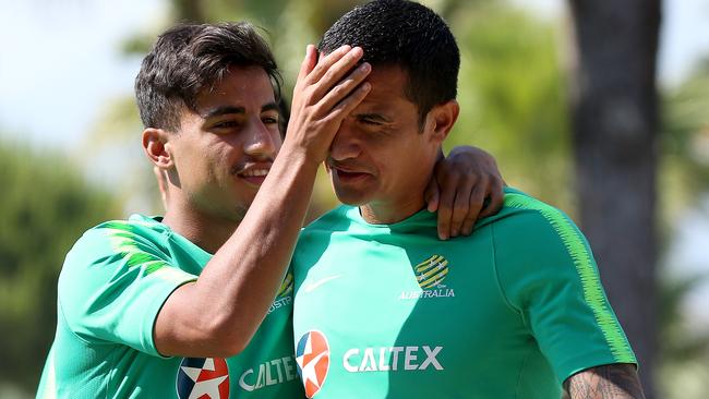 Daniel Arzani with Socceroos legend Tim Cahill. Picture: Toby Zerna