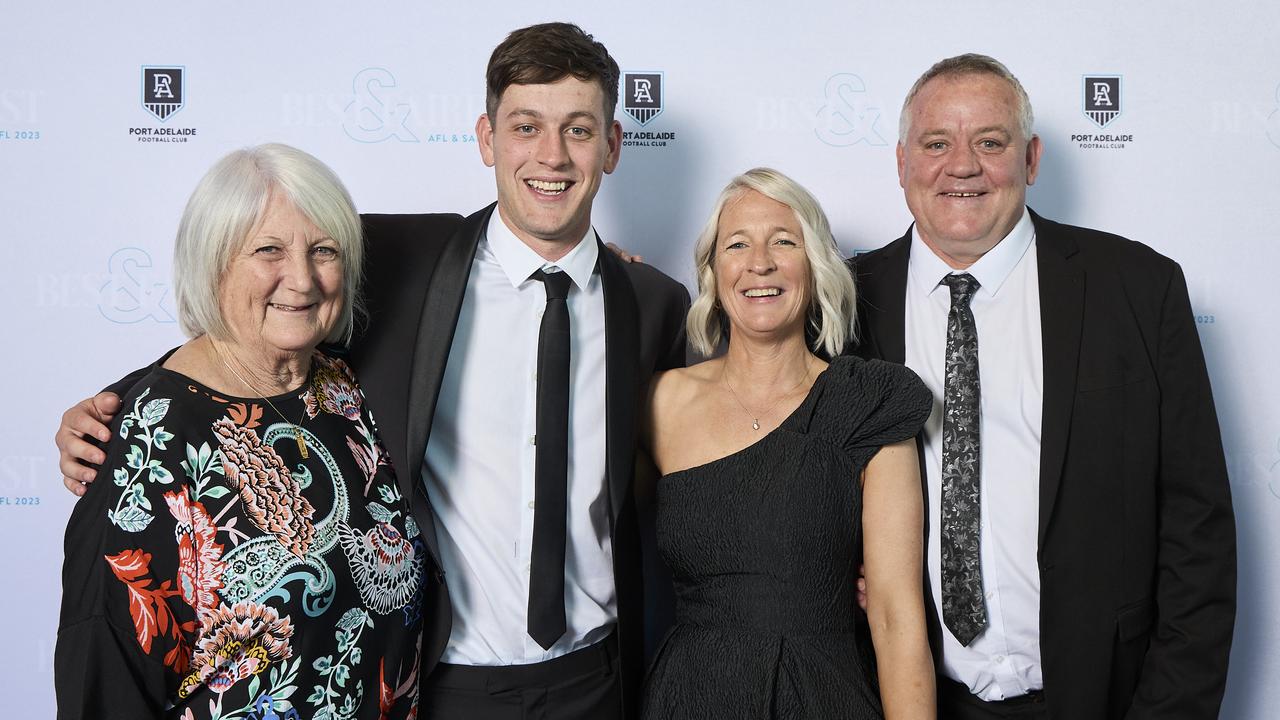 Zak Butters with his grandmother Robyn Russell, Renee Butters, and Wayne Butters at the Port Adelaide Football Club’s best-and-fairest at the Adelaide Convention Centre. Picture: Matt Loxton