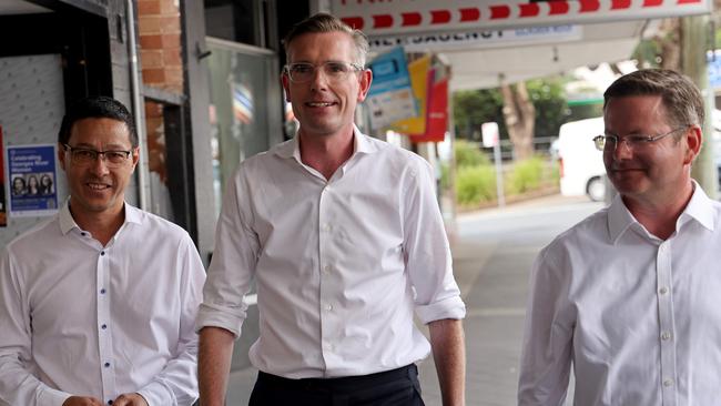 NSW Premier Dominic Perrottet pictured walking the streets of Penshurst with Liberal candidate for Kogarah Craig Chung and Oatley MP Mark Coure. Picture: NCA NewsWire / Damian Shaw