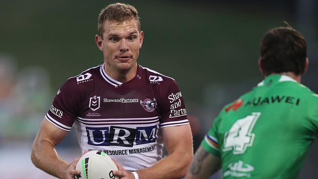 Manly's Tom Trbojevic during the Manly Sea Eagles v Canberra Raiders NRL match at Campbelltown Stadium, Sydney. Picture: Brett Costello