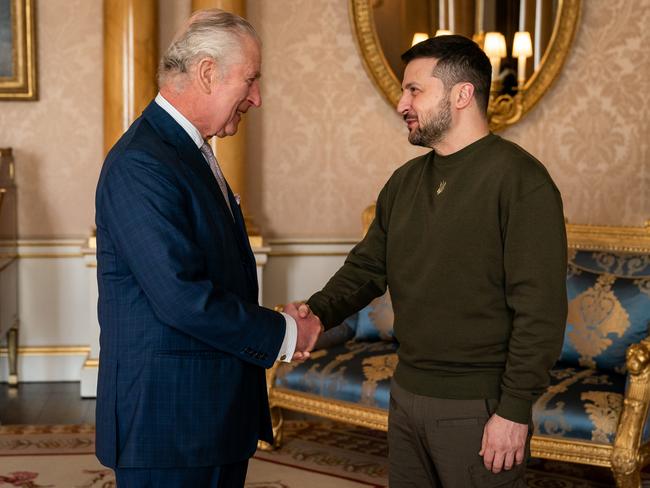 King Charles III holds an audience with Ukrainian President Volodymyr Zelenskyy at Buckingham Palace during his first visit to the UK. Picture: Getty Images