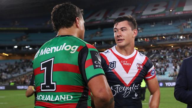 SYDNEY, AUSTRALIA - MARCH 25: Latrell Mitchell of the Rabbitohs and Joseph Manu of the Roosters shakes hand after the round three NRL match between the South Sydney Rabbitohs and the Sydney Roosters at Accor Stadium, on March 25, 2022, in Sydney, Australia. (Photo by Matt King/Getty Images)