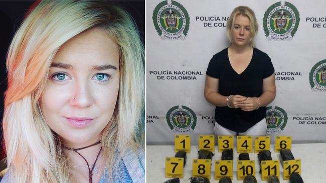 Australian Cassandra Sainsbury and (right) pictured with the packages of cocaine found in her luggage in Bogota, Colombia.