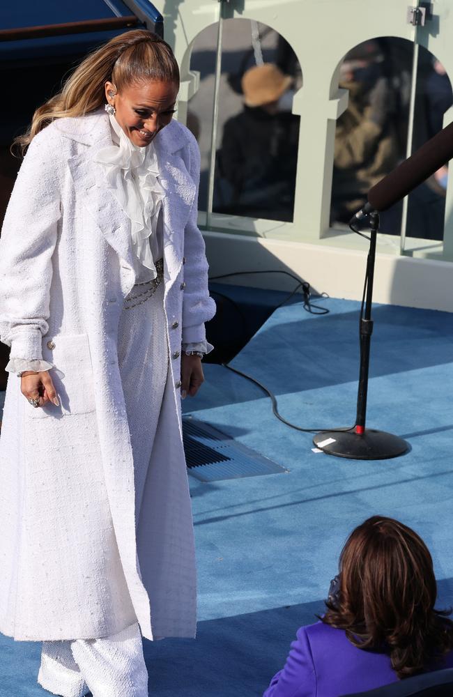 Jennifer Lopez shared a touching moment with Vice President Kamala Harris. Picture: Getty Images