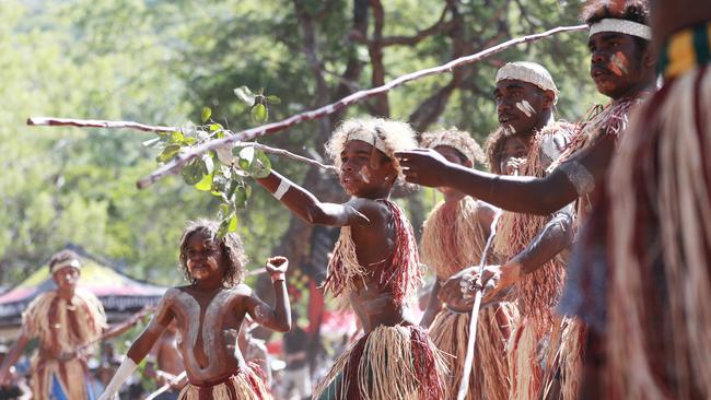 Daniel Claudie, 12, performs with dancers from Lockhart River. Picture: Brendan Radke