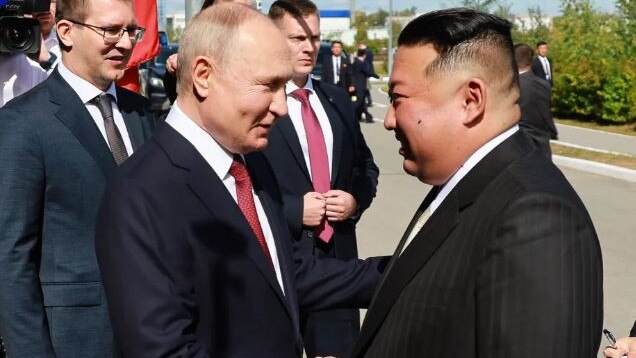 Vladimir Putin and Kim Jong-un shake hands as they meet in Tsiolkovsky. Picture: Supplied