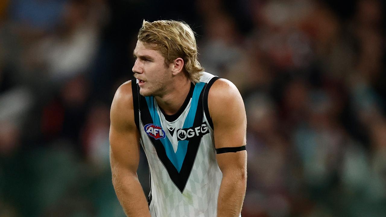 MELBOURNE, AUSTRALIA – APRIL 28: Jason Horne-Francis of the Power looks on during the 2023 AFL Round 07 match between the St Kilda Saints and the Port Adelaide Power at Marvel Stadium on April 28, 2023 in Melbourne, Australia. (Photo by Michael Wilson/AFL Photos via Getty Images)