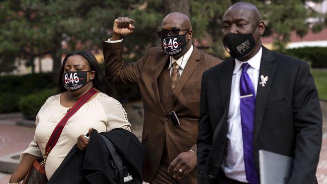 George Floyd’s brother Philonise raises his fist as he leaves court in Minneapolis on Tuesday. Picture: Getty Images