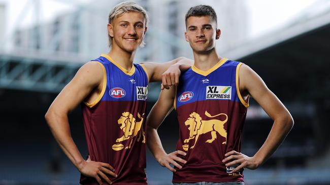 Brisbane Lions draftees Kai Lohmann and Darcy Wilmot.