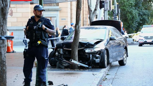 Car which lost control in Brisbane CBD, Wednesday, August 21, 2019. Picture: AAP Jono Searle