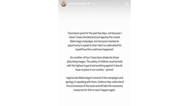 “I have been shaken by those disturbing images," Kim Kardashian responds to Balenciaga campaign via Instagram Stories.