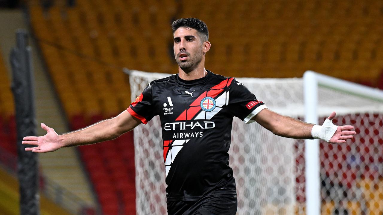 Yonatan Cohen celebrates after scoring for Melbourne City at Suncorp Stadium. Picture: Bradley Kanaris/Getty Images