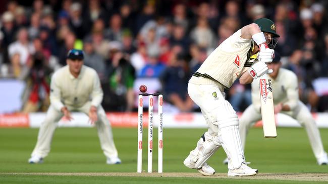 David Warner is bowled by Stuart Broad at Lord's during day two of the second Test