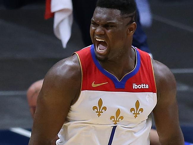 NEW ORLEANS, LOUISIANA - FEBRUARY 21: Zion Williamson #1 of the New Orleans Pelicans reacts during the second half against the Boston Celtics at the Smoothie King Center on February 21, 2021 in New Orleans, Louisiana. NOTE TO USER: User expressly acknowledges and agrees that, by downloading and or using this Photograph, user is consenting to the terms and conditions of the Getty Images License Agreement. (Photo by Jonathan Bachman/Getty Images)