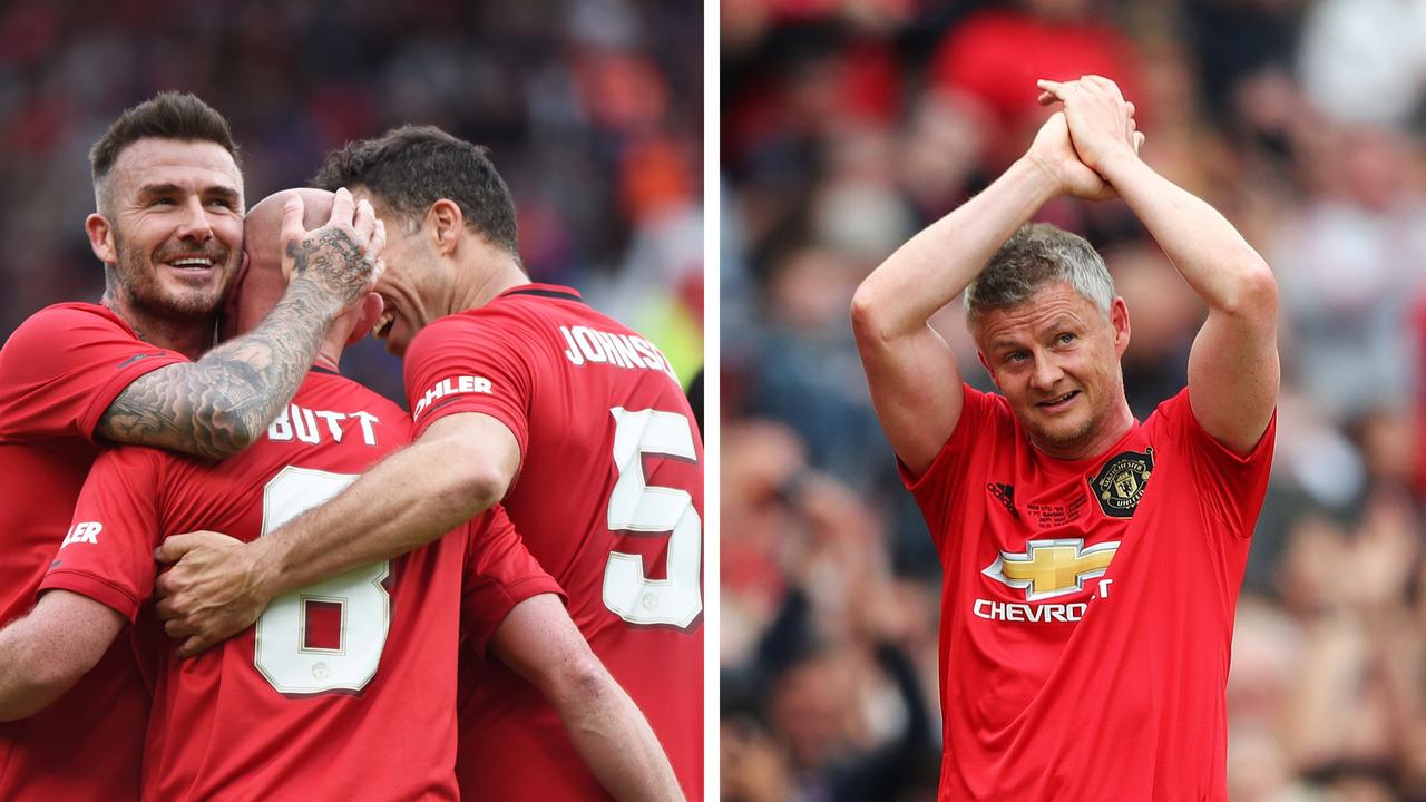 David Beckham and Ole Gunnar Solskjaer scored as United celebrated 20 years since their famous treble