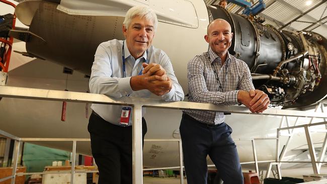 Alliance Airlines' managing director Scott McMillan (L) and CEO Lee Schofield believe they can legally expect all employees to have the Covid vaccination. Picture: Lyndon Mechielsen