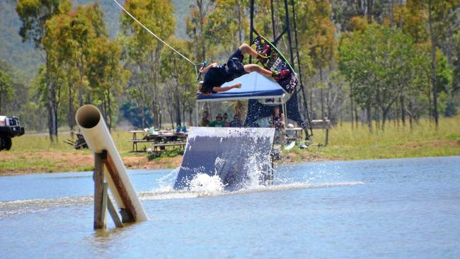 AIR TIME: Wakeboarder Ayden Bellz tests out the equipment at YNY Wake Co Gladstone cable park near Calliope.