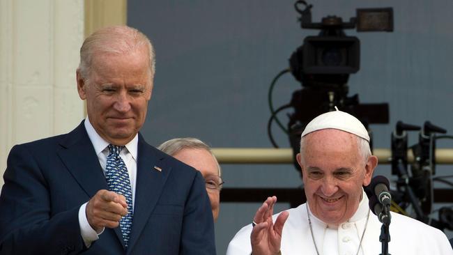 Pope Francis with then Vice President Joe Biden in 2015. Picture: AFP.