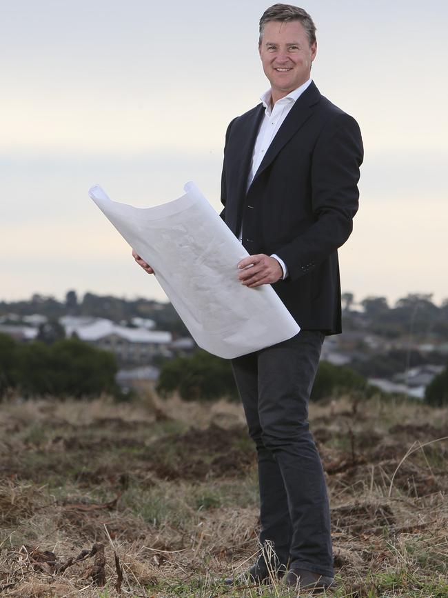 Tarac Properties chief executive Jeremy Blanks stands at the housing project site known as Hurtle Grove at the former Hardy's winery site in Reynella, SA. Picture: Emma Brasier