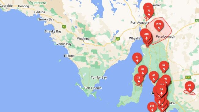 Thousands of homes are blacked out across SA, as this screen capture from SA Power Networks from about 8am on Monday shows.