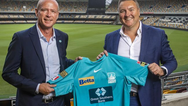 Paul Lewis from Great Southern Bank and Queensland Cricket CEO Terry Svenson prepared for big summer of cricket including ASHES and Big Bash. Picture: NIGEL HALLETT