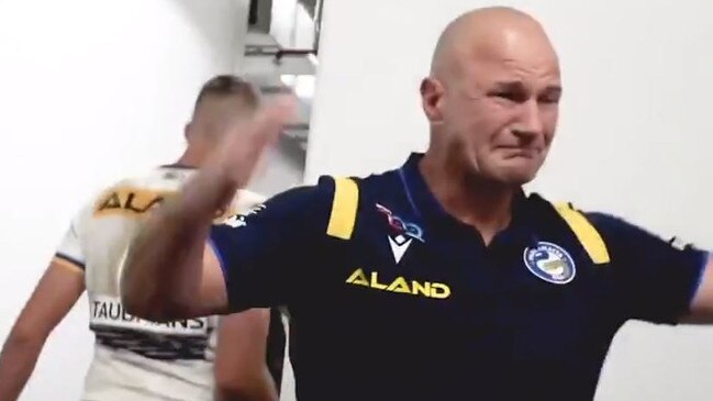 Eels coach Brad Arthur was in tears after embracing his son Jakob after his impressive debut against the Warriors.