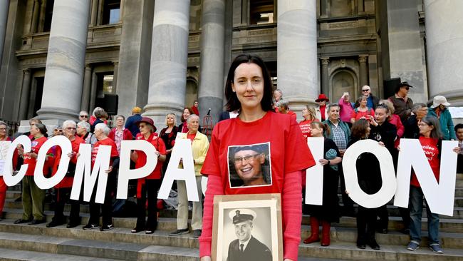 Angie Miller whose father died after suffering through stage four bowel cancer at a They Died Waiting rally hosted by Voluntary Assisted Dying SA on the steps of Parliament House. Picture: Naomi Jellicoe